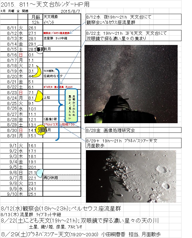星と森のロマントピア 天文台「銀河」天文カレンダー2015年8月・9月